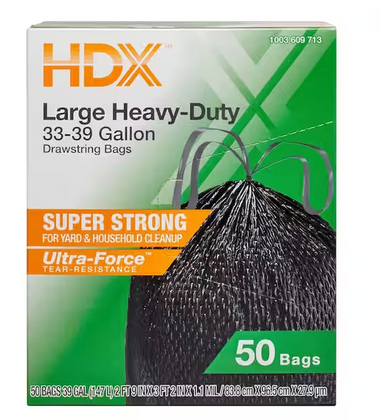 HDX 33-39 Gal. Black Heavy Duty Drawstring Trash Bags (50-Count) -