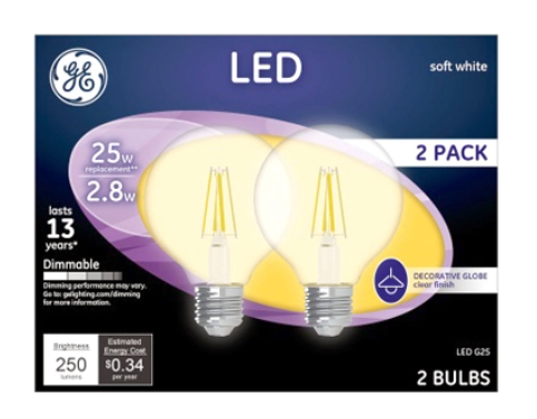 GE Globe LED, Soft White, Clear, 250 Lumens, 2.8-Watts, 2-Pk.