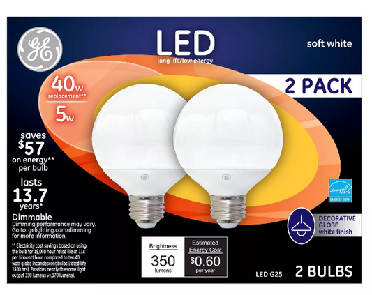 GE LED Bulbs, Soft White, 350 Lumens, 4.5-Watts, 2-Pk.