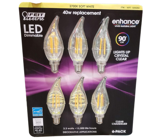 Feit Electric Led Chandelier Bulbs 40W 6 Pack Soft White, 6Count