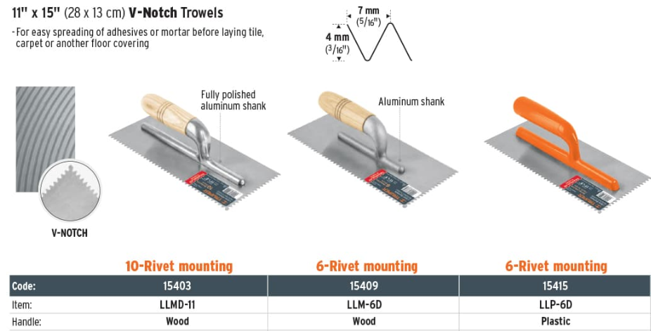 11" 6 rivets Plastic U-notch trowel(15415)