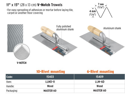 11" 6 rivets Wood U-notch trowel (15409)