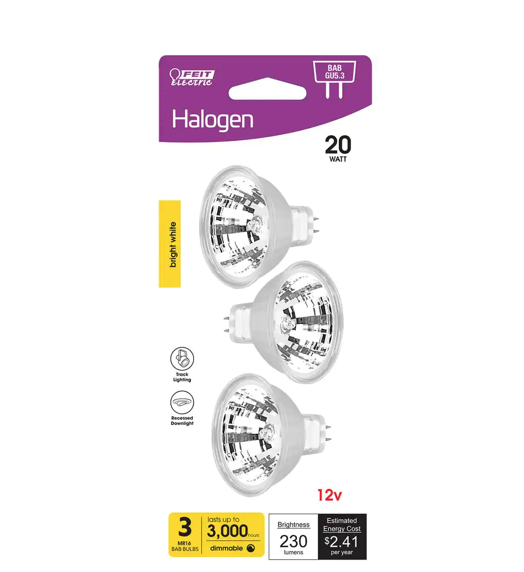 20-Watt MR16 GU5.3 12-Volt Bi-Pin Base Dimmable Halogen Light Bulb Bright White (2800K) (3-Pack)