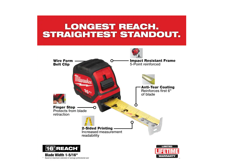 16 ft. x 1-5/16 in. Wide Blade Tape Measure with 16 ft. Reach