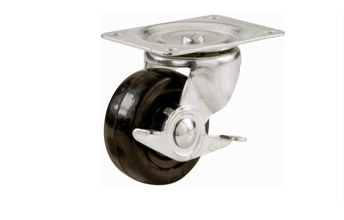 Rubber Wheel, Swivel Plate Caster, Side Brake, 2-1/2-In.