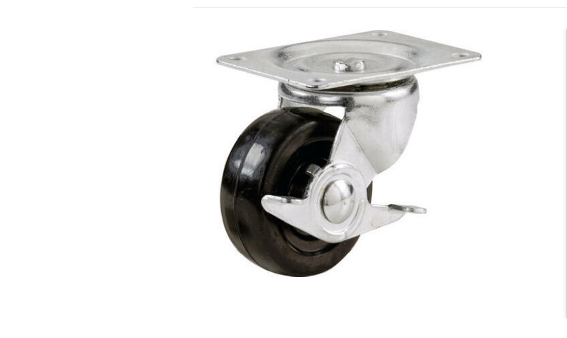 Swivel Plate Caster, Side Brake, Rubber Wheel, 4-In.