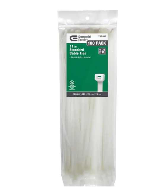 11in Stnd Cable Wht Ties 100Ct