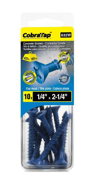 CONCRETE SCREW FLAT HEAD 1/4" x 2-1/4" + Drill Bit (x10)