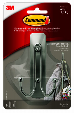 Command Metal Double Hook, Brushed Nickel, Large