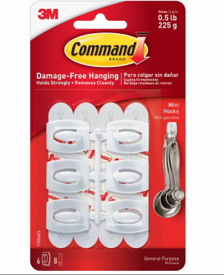 Command Mini Hooks with Adhesive Strips, White, 6-Pk.